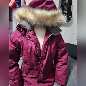 L.L. Bean Women's Magenta Puffer Jacket with Faux Fur Hood